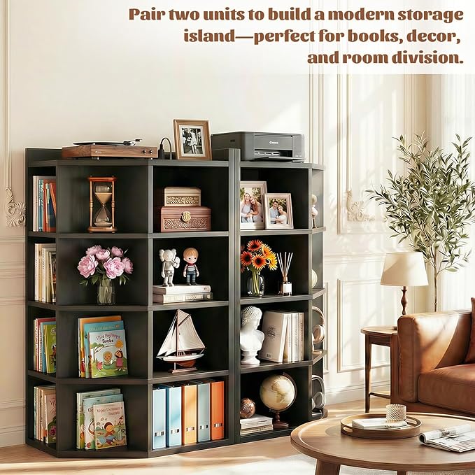 Aheaplus Corner Cabinet, 5-Tier Corner Bookshelf with Power Outlets, Corner Cube Storage Shelf with Top Table, Wooden L Cubby Toy Storage with 12 Cubes for Home Office, Bedroom, Living Room, Black
