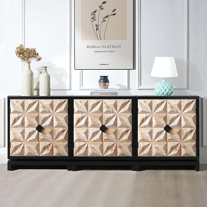LIFE SKY 3D Geometric Storage Cabinet: Modern Double-Door Wooden Accent Furniture - Creative Studio Organizer & Home Office Decor Solution
