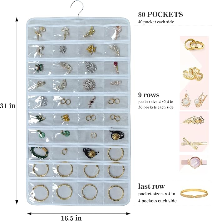Hanging Jewelry Organizer for Closet Wall Door Double-Sided Jewelry Holder for Earrings, Necklaces, Rings 1 Pcs (White)