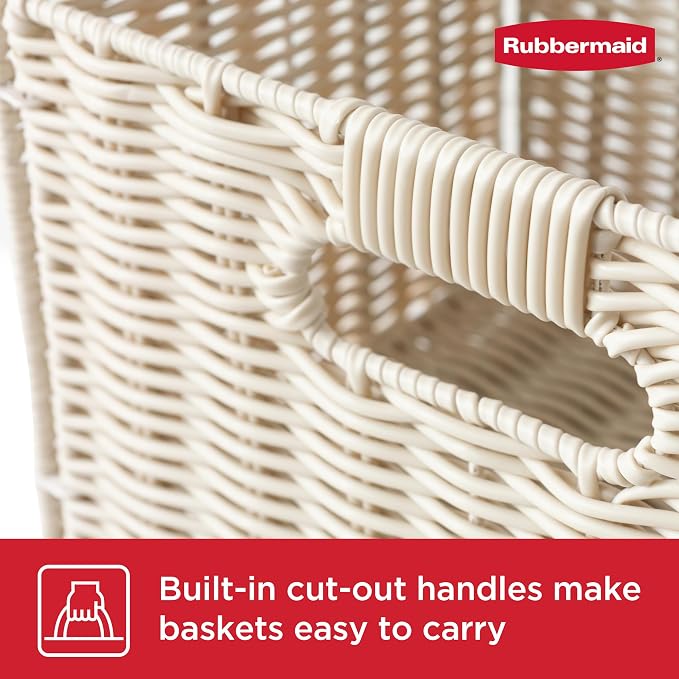 Rubbermaid Woven Storage Baskets - Set of 2 Stackable and Collapsible Bins with Handles, Small Resin Rattan Organizers for Shelves, Closet, Bathroom, Bedroom, 11.5” x 8”, Ivory