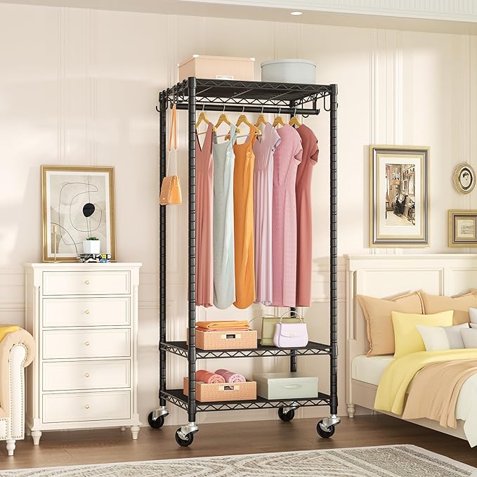 FUTASSI Rolling Clothes Rack, Clothing Racks for Hanging Clothes, Black | P6 Mini Heavy Duty Garment Rack with Wheels, Freestanding Portable Closet Rack with Shelves, 23.6 In Wide, Max Load 360 LBS