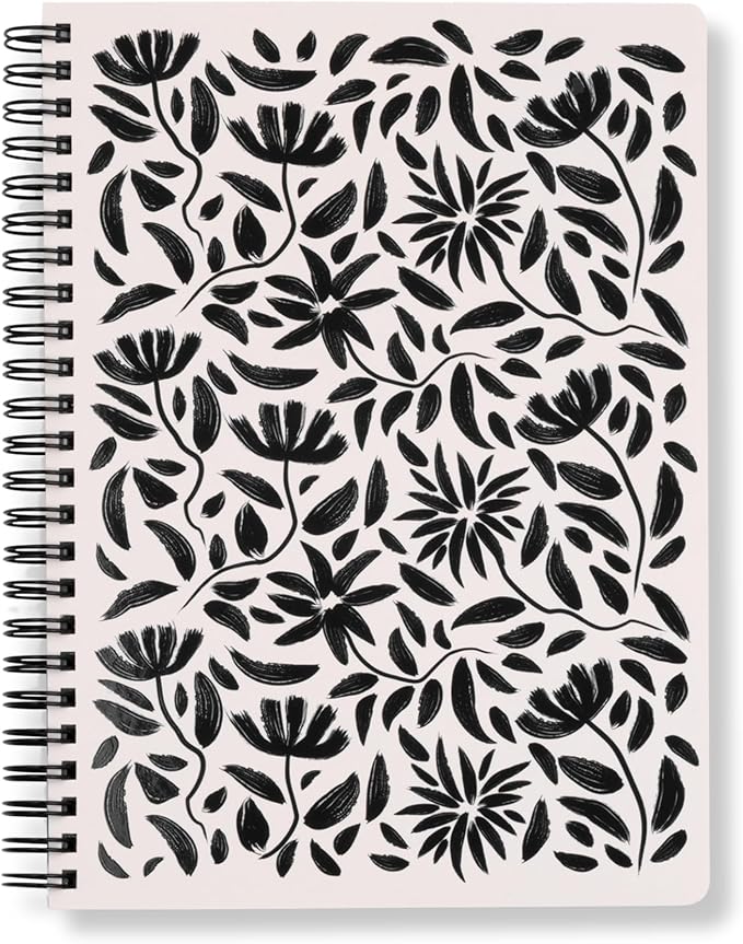 Steel Mill & Co Cute Mini Spiral Notebook, Small 8.25" x 6.25" Journal with Durable Hardcover and 160 Lined Pages for Journaling/Work/School, Hand Drawn Black Floral