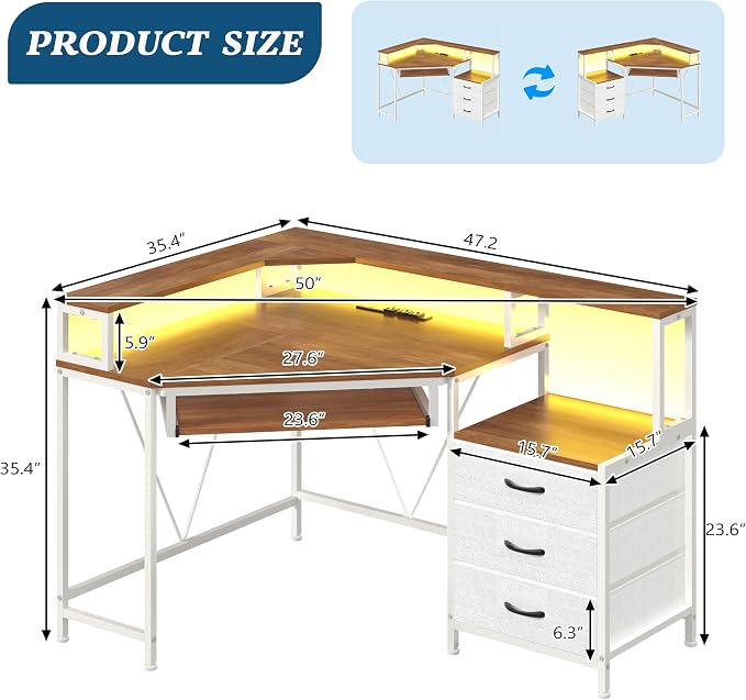 47" Corner Desk with Drawers, Power Outlets ＆ Printer Shelf for Small Space | Small Computer Desk with Monitor Stand, Triangle Gaming Desk with LED Lights and Keyboard Tray, Brown and White