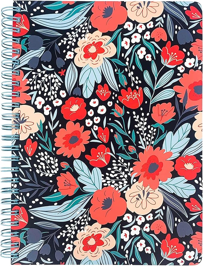 Steel Mill & Co Cute Red/Blue Mini Spiral Notebook, 8.25" x 6.25" Journal with Durable Hardcover and 160 Lined Pages, Folk Floral