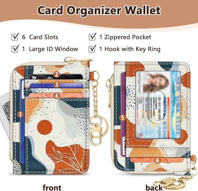 Giancomics Slim Wallet Credit Card Holder Women, Abstract Boho Art Rfid Blocking Small Card Case, Keychain Thin Pocket Curved Zipper Wallet, Travel Card Holder PU Leather ID Window, Ladies Female Gift