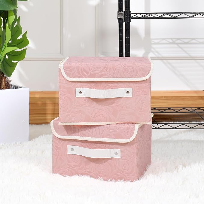 ANMINY 4PCS Fabric Storage Bin with Lid Rose Print Storage Box Basket with PU Leather Handles Washable PP Plastic Board Decorative Foldable Lidded Shelf Cubes Closet Organizer - Pink, Small Size