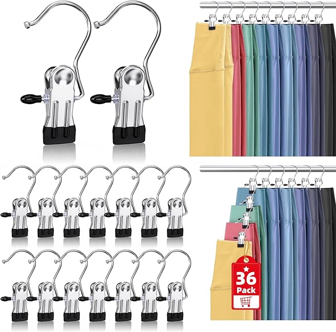36 Pack Boot Hangers Clips for Closet, Laundry Hooks Hanging Clips Pants Hangers with Clips Legging Organizer Clothes Pins Hanger Clips for Closet Organizer Towel Socks Hats Jeans Home Travel Silver