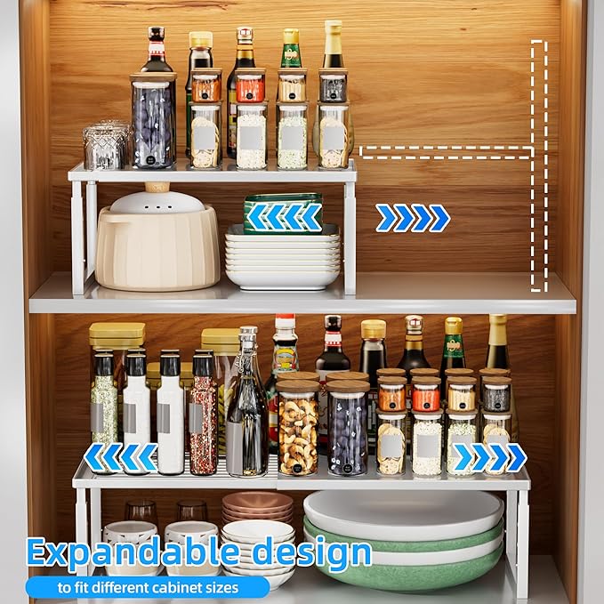 Cabinet Shelf, 1 Pack Stackable Shelf for Kitchen Storage | Expandable & Height Adjustable Cabinet Organizer Shelf | Metal Shelf Organizer | White Spice Rack for Pantry Storage