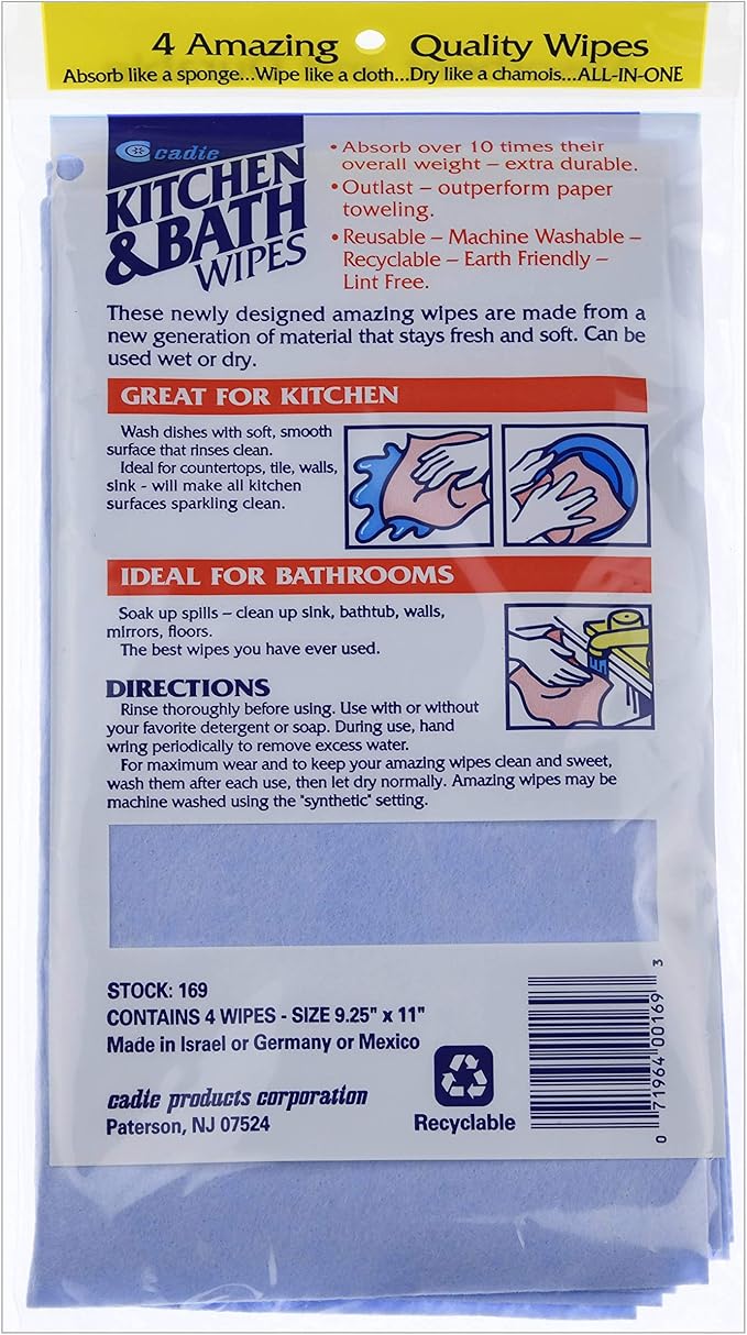 Cadie Kitchen and Bath Amazing Wipes - Absorbent and Reusable Cloth for Washing, Drying, Wiping in The Bathroom or Cuisine Surfaces | Cleaning Sink,Tiles,Bathtub,Walls,Mirror (3 Pack-12 Wipes, Blue)
