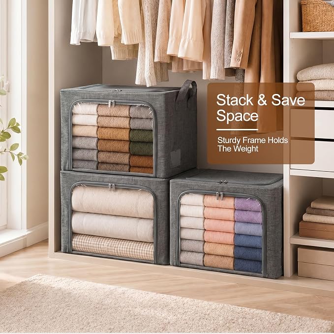 GoMaihe 3 Opening Clothes Storage Bins with Metal Frame, 66L Blanket Storage Organizer for Walk-in Closet Large Storage Boxes with Clear Window for Bedding Winter Clothing 3-Pack Grey