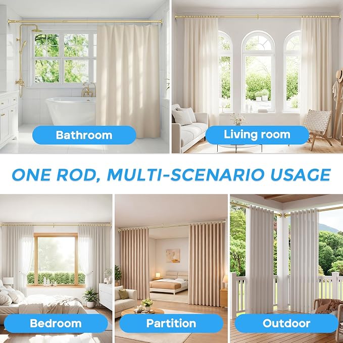 AIZESI 41-144 Inch Heavy Duty Tension Curtain Rod - No Drilling, Adjustable, Rust-Resistant for Outdoor, Living Room, Window, Bathroom (Gold, 41" to 144"|2PACK)