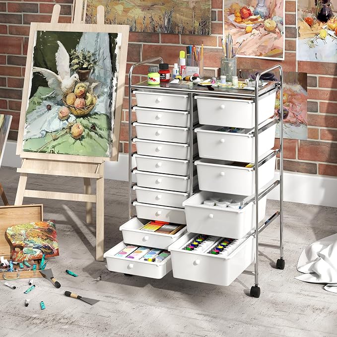 DREAMADE 15-Drawer Rolling Storage Cart, Mobile Craft Cart, White | Utility Organizer with Lockable Wheels, Removable Plastic Drawers and Metal Frame for Home Office, Classroom and Studio