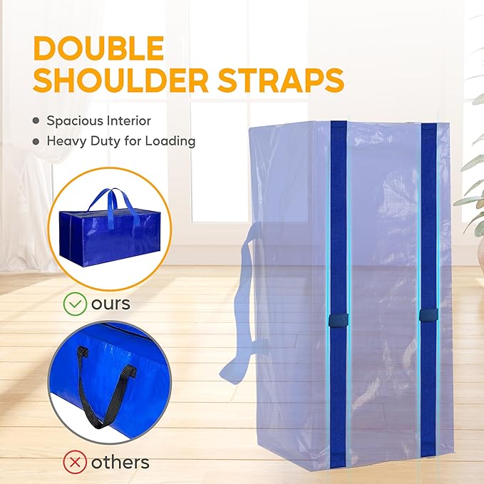 10 Pack Oversized Heavy Duty Moving Bags with Backpack Straps, Strong Handles & Zippers, Extra Large Storage Tote Moving Boxes for Space Saving, Blue