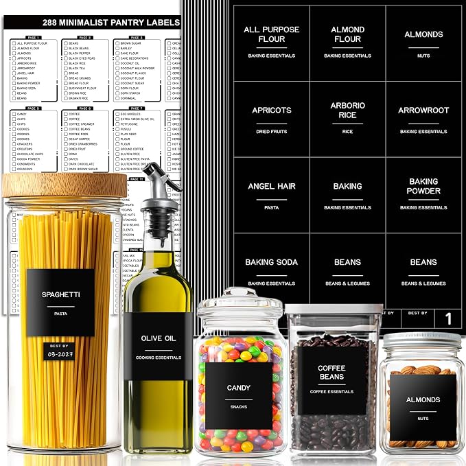 288 Pantry Labels for Food Containers, Black Preprinted Minimalist Waterproof Stickers for Organizing Storage Bins, Jars and Kitchen