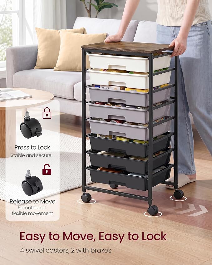 VASAGLE 8-Drawer Rolling Storage Cart, Utility Cart with Wheels and Wood Top, Craft Organizer for Office and Home, 15.6 x 11.2 x 30.1 inch, Black, BENCO Collection ULRC006B101