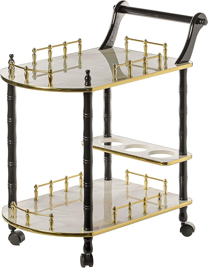 Serving Bar Cart Tea Trolley, 2 Tier Shelves on Rolling Wheels, Mobile Liquor Bar for Wine Beverage Drink Dinner Party, Utility Kitchen Storage Island Coffee Cabinet for Dining Living Room, Wood White
