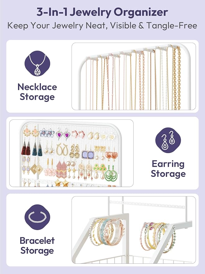 SWTYMIKI Jewelry Organizer with Drawers- Metal Jewelry Holder Stand Large Necklace Holder and Earring Organizer Display, Rolling Jewelry Storage Makeup Organizer for Bedroom Vanity Closet