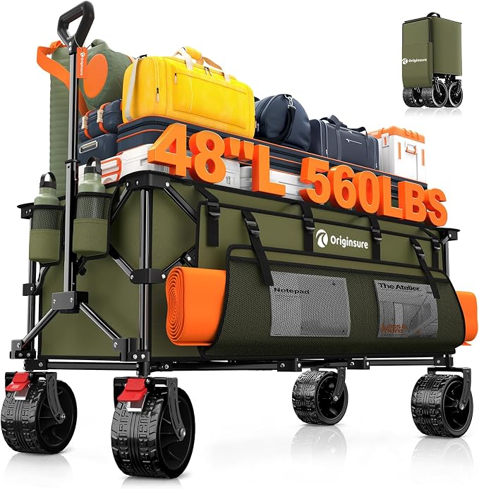Originsure 48" L Collapsible Wagon Cart Foldable, 560lbs Weight Capacity 300L Heavy Duty Folding Beach Wagons with Big All-Terrain Wheels, Utility Carts for Groceries, Camping, Sports - Green