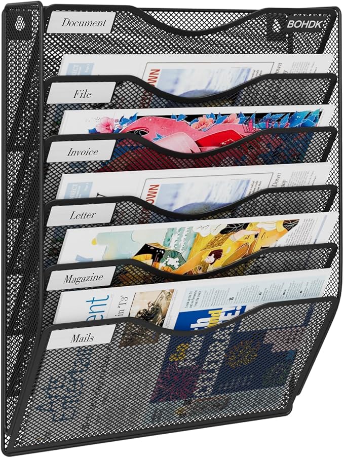 BOHDK Wall File Organizer, 6 Tier Hanging File Folder Mail Organizer, Vertical Mesh Metal Wall Mount Hanging File Holder, Paper Document Magazine Rack for Home Office Black