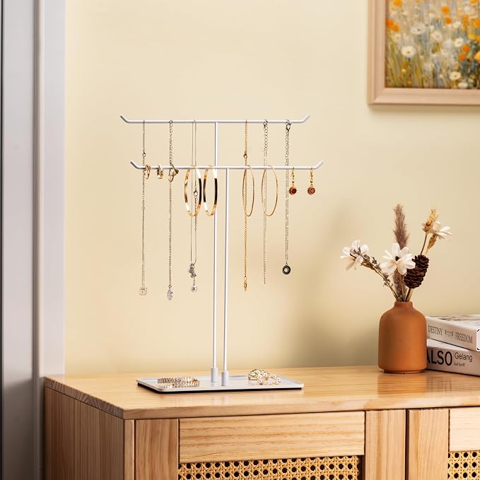 bussdis Necklace Holder Stand,Metal Jewelry Organizer for Home Decor,White | Modern Design,Easy Assembly,Non-Slip EVA Pads,Gift for Woman,Necklace Display for Bedroom,Vanity and Dresser