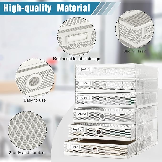 Zhanmai 2 Pack White Desk Organizer with Drawer Total Wire Mesh Storage Tray Multifunctional Paper Sorter File Stand for Home Office Supplies Letter A4 Paper Office Accessories Back to School (3 Tier)