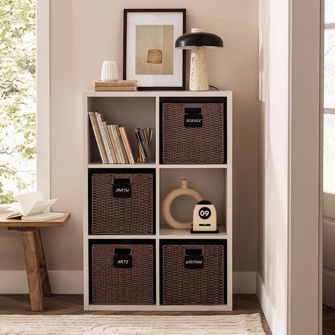 UBBCARE 4 Pack Wicker Basket, 10.5×10.5 Storage Cubes with Label, Foldable Cube Storage Bin with Handle, Square Storage Basket for Shelves, Woven Paper Rope Basket for Organizing, Brown
