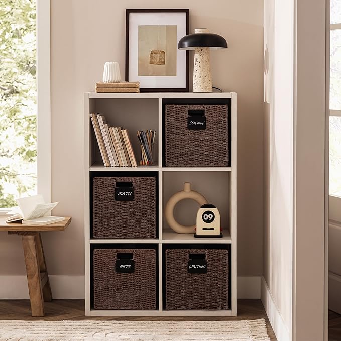 UBBCARE 4 Pack Wicker Basket, 12×12 Storage Cubes with Label, Foldable Cube Storage Bin with Handle, Square Storage Basket for Shelves, Woven Paper Rope Basket for Organizing, Brown