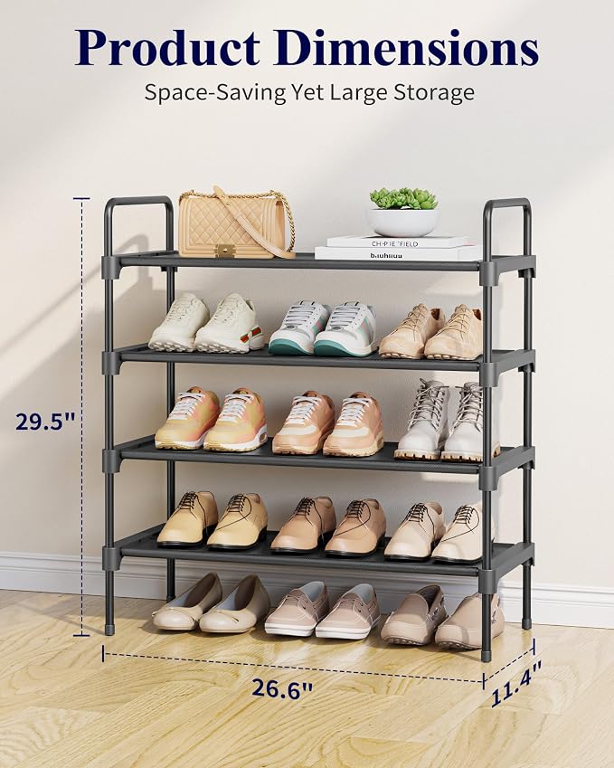 Kitsure Shoe Rack for Closet, Shoe Organizer for Front Door Entrance, Stackable Shoe Shelf, Detachable Closet Organizers and Storage, 26.6" Wide - 4 Tiers, Black | Closet, Front Door Entrance, Entryway, Stackable & Detachable Shelf, Closet Organizers a...