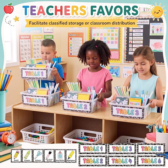 Hushee 6 Pcs Classroom Caddy Plastic Stackable Caddy Organizer with Handle 3 Compartment with 42 Label Portable Craft Basket Organization Storage for Desk Teacher Office School Supplies(Clear)