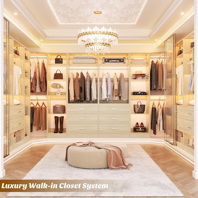Besiost Corner Closet System with 5 Drawers, Closet Organizer System with 15+Shelvess & 4 Hanging Rods, 63.2"L * 63.2"W / 87.2"L * 39.2"W Reversible L Shaped Walk-in Closets, Load 2500+LBS, White Oak