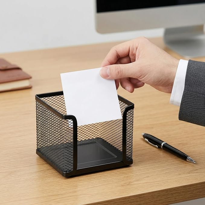 4 Pack Mesh Memo Holder, 4 x 4 Inch Black Metal Mesh Sticky Note Dispenser Cube Memo Pad Holder for Pen, Pencil, Paperclip, Thumbtack, Desk Organizer for Office Home School