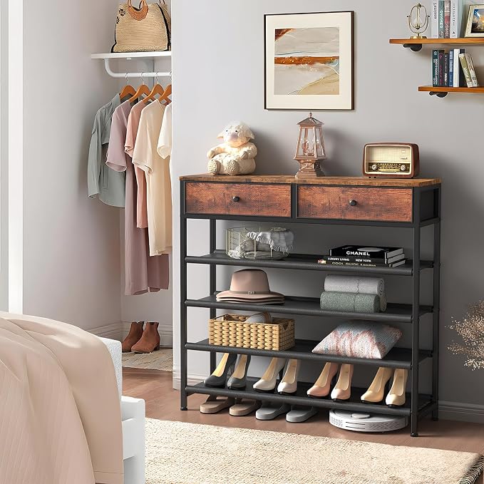 usikey Shoe Rack, 5 Tier Shoe Storage Organizer with 2 Drawers, Metal Shoe Shelf for 16-20 Pairs of Shoes, with 4 Oxford Fabric Shelves and Wooden Top, Shoe Stand for Closet, Entryway, Rustic Brown
