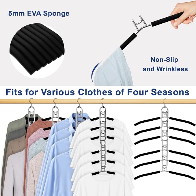 Clothes Hangers Space Saving, Newly Upgraded Detachable Shirt Hangers, 6-Tier Foldable Coat Hanger with 360° Swivel Hook for Closet Organizers and Storage Shirt,Sweater,Suit - 2 Pack, Patent Pending