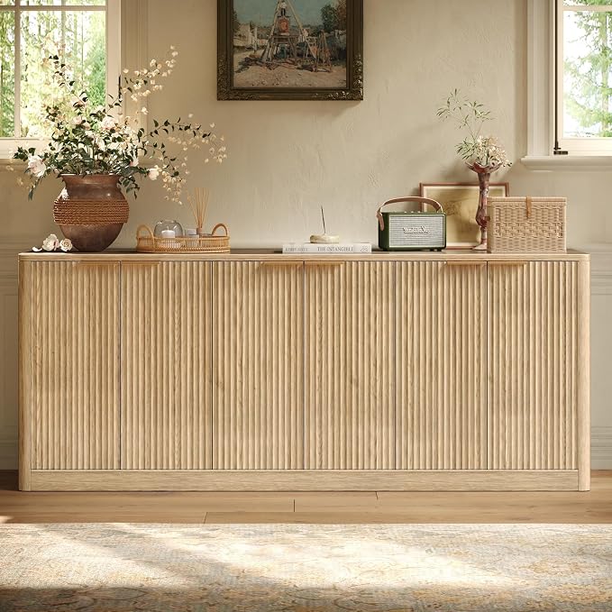 Evermagin 67" Fluted Oak Buffet Cabinet with Storage | Mid-century modern wood sideboard, large credenza with 6 doors for kitchen or living room, 67"W x 31.5"H x 15.7"D