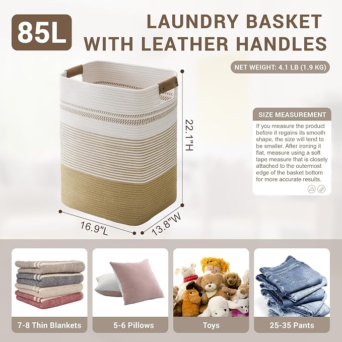 85L Tall Woven Laundry Basket Hamper with Leather Handles,Khaki | 17"x14"x22", collapsible wicker hamper, storage for dirty clothes, toys, blankets, gifts, living room, bedroom, bathroom