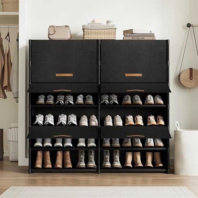 2 by 7 Tier Shoe Cabinet, 42-Pair Storage for Closet, Black | Removable layer fits tall boots. Split into 2 units for different spots. Door keeps shoes clean.