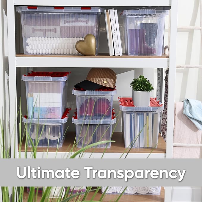 Superio Red Storage Box with Red Hinged Lids, Plastic Container Bins for Organizing with Attached Lid, Stackable Crates, BPA Free, Organizers for Home and Office, 53Quart (20.25"x14"x14.6")