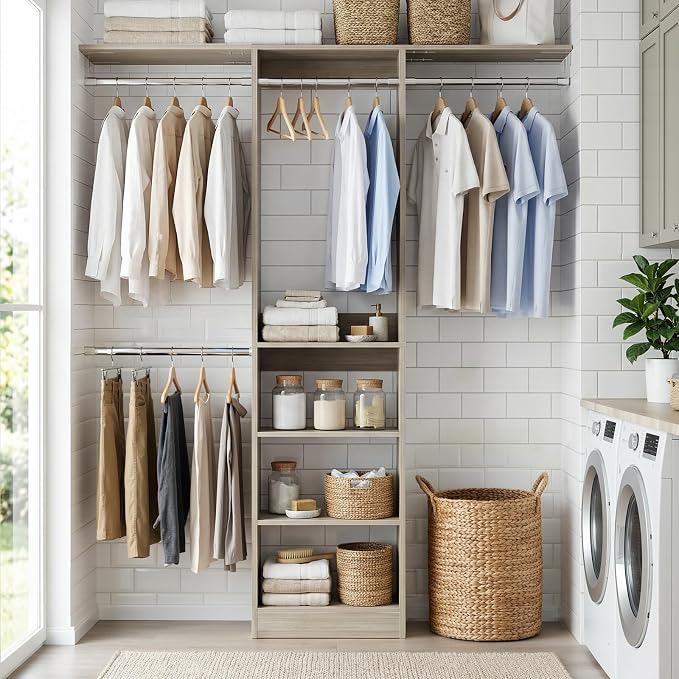 Cyclysio 4FT Small Closet System, 80"H Closet Organizer System with 4 Closets Rods & 3 Shelves, 48" Closets Organizers and Storage for Small Bedrooms, Laundry Rooms, Cloakrooms, White Oak