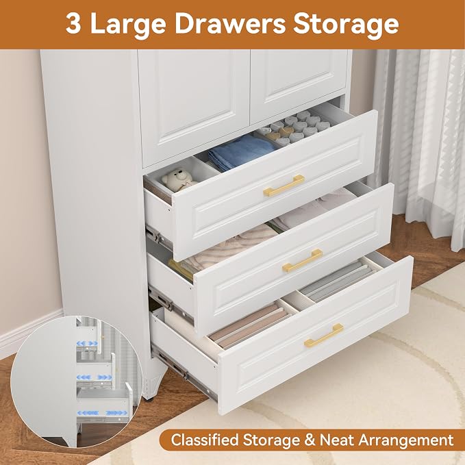 Polup Metal Armoire Wardrobe Closet with Three Drawers, 71“ Tall Large Wardrobe Cabinet with Hanging Rod, Freestanding Wardrobe Cabinet with Doors for Bedroom, White, Assemble Required