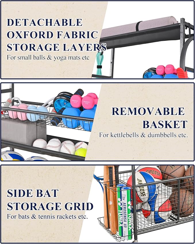 Mythinglogic Sports Equipment Garage Organizer,Garage Ball Storage for Sports Gear and Toys, Rolling Ball Cart with Wheels for Indoor/Outdoor Use