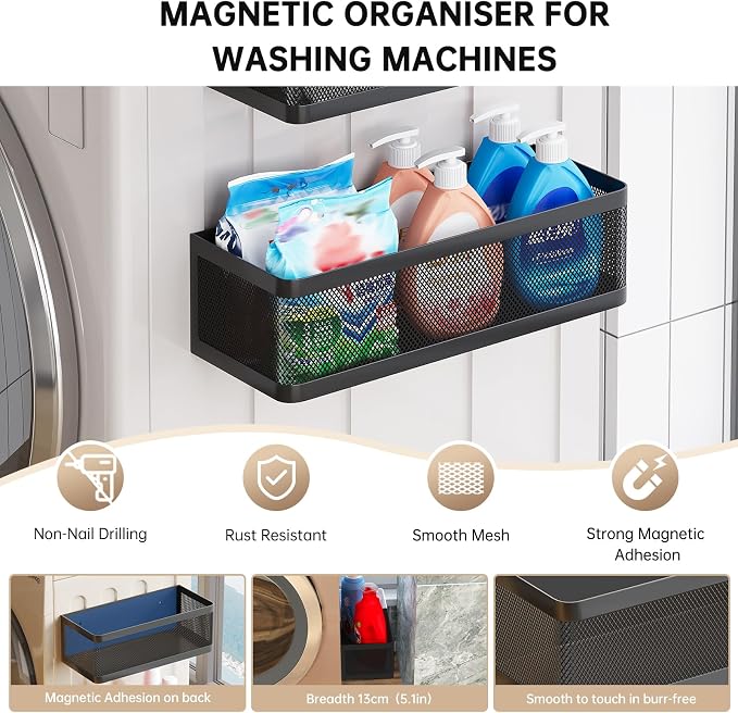 Magnetic Shelf for Washing Machine, Black, L13.78in*W5.12in*H3.94in | Magnetic Organizer for Laundry, Hanging Basket Storage, Magnetic Fridge Shelves, Spice Rack for Refridgerator, 16.5-lb load