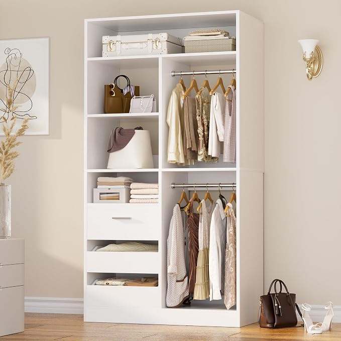 36 Inches Modular Closet Drawers System, 3FT Wood Closet Organiser with Closed & Half-Open Drawers, Walk-in Freestanding Wardrobe Storage Cabinet with 6 Shelves, White (36"L x 15" W x 80" H)
