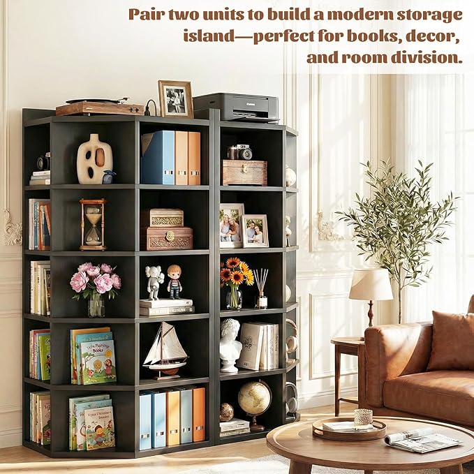 Aheaplus Corner Cabinet, 6-Tier Corner Bookshelf with Power Outlets, Corner Cube Storage Shelf with Top Table, Wooden L Cubby Toy Storage with 15 Cubes for Home Office, Bedroom, Living Room, Black