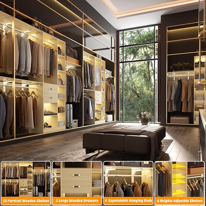 Armocity 8FT Heavy Duty Wood Closet System, 1500 LBS+ Capacity Wall Mounted Walk-in Closet Organizer with 2 Drawers & 4 Hanging Rods, 96'' Custom Bedroom Storage Wardrobe, Natural
