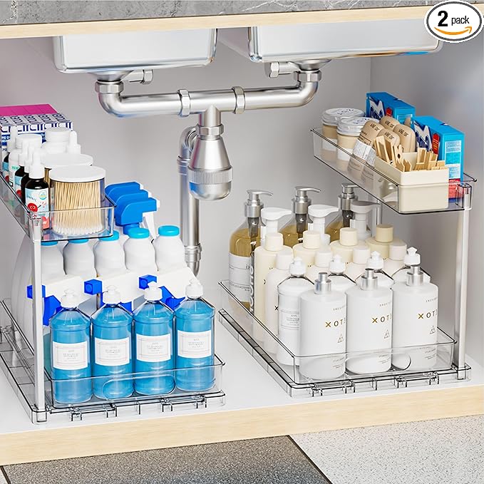 Yieach 2 Pack Under the Sink Organizer for Under Bathroom Sink,14.5″ Deep Sliding Inder Sink Organizer for Kitchen Cupboard,2 Tier Undersink Organizers for Vanity,Under Counter Storage Organization