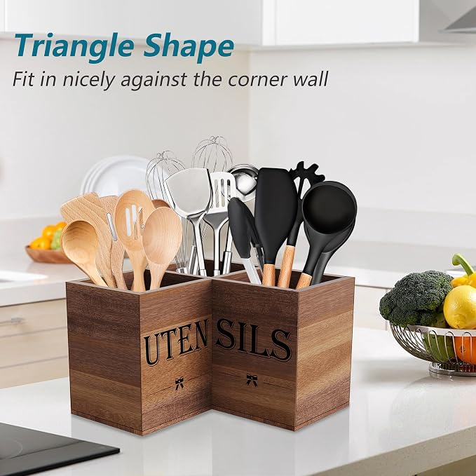 Suli Extra Large Utensil Holder Countertop for Corner Kitchen Counter | Acacia Wood,Hold 40 Utensils,Removable Divider,Spacesaving,Farmhouse Cooking Utensil Organizer for Spatula,Spoon,Ladle,Brown