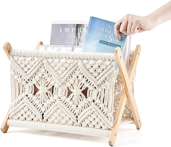 Mkono Macrame Magazine Holder, Boho Woven Book Rack Basket, 14" L x 10" W | Boho Decor, Mail Paper Vinyl Storage, Living Room Bedroom Bathroom Nursery Dorm Office, Handwoven,Space-Saving, Ivory