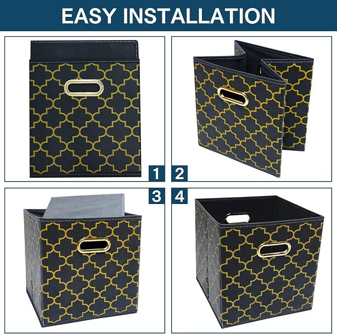 Fabric storage bins Cubes, Fabric Cube Organizer with Handle, Foldable Cube Bins for Cloth or Accessary Storage, 11x11x11, Set of 3, (Grey Gold)
