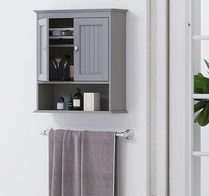Spirich Bathroom Medicine Cabinet Over Toilet, Wall Mounted Cabinet, Gray | FSC-Certified Engineered Wood, Hidden & Open Storage, Adjustable Shelf, Modern Beadboard Design for Bathroom Kitchen Laundry