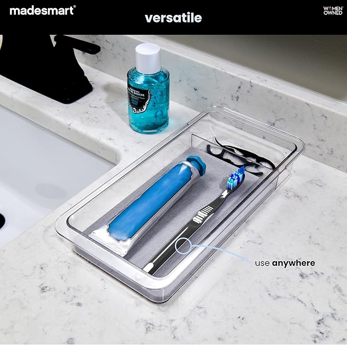 madesmart Expandable Toothbrush Drawer Organizer with Drying Stone, Clear Dental Organizer Tray for Bathroom Drawers, Toothpaste Holder, Dental Floss, Water Flosser and Mouthwash, 12 to 20 Inch